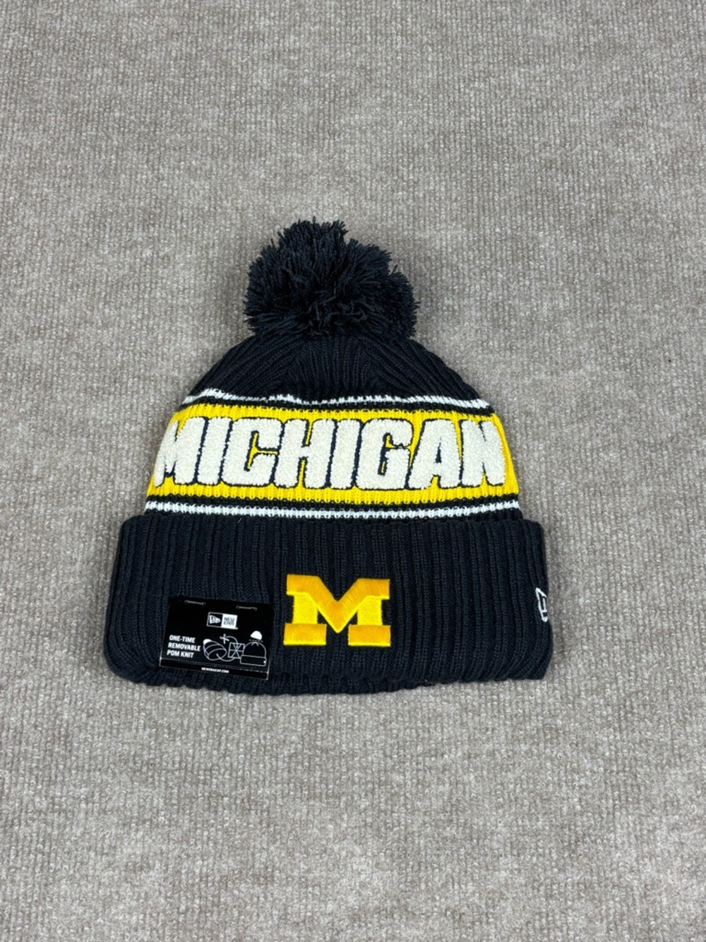 NWT New Era Michigan Wolverines Blue/White Pom Knit Beanie Hat Toboggan